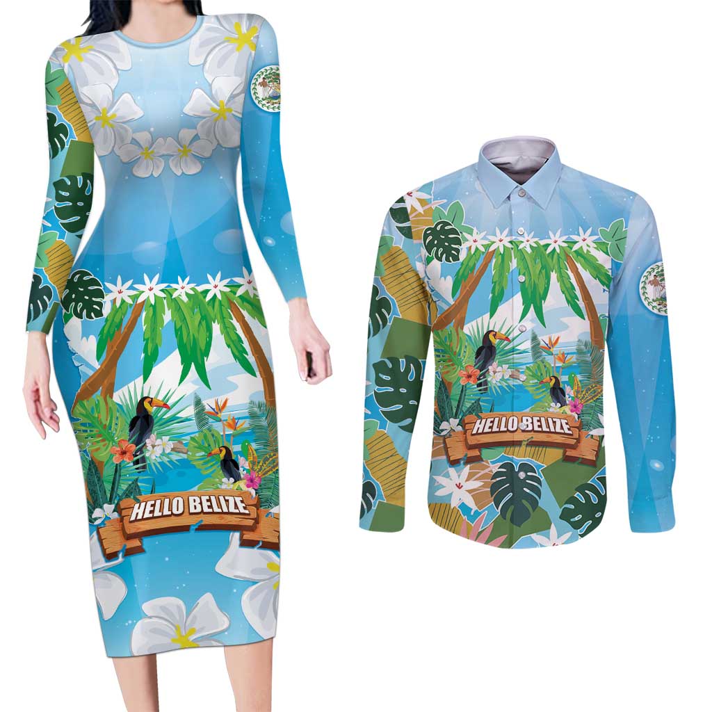 Toucan Belize Couples Matching Long Sleeve Bodycon Dress and Long Sleeve Button Shirt Tropical Vibes DT05