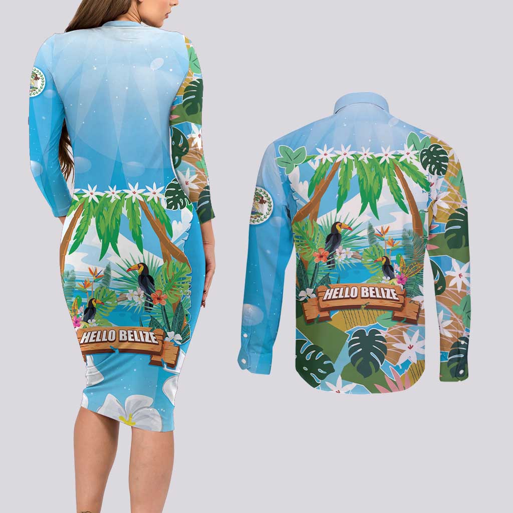 Toucan Belize Couples Matching Long Sleeve Bodycon Dress and Long Sleeve Button Shirt Tropical Vibes DT05