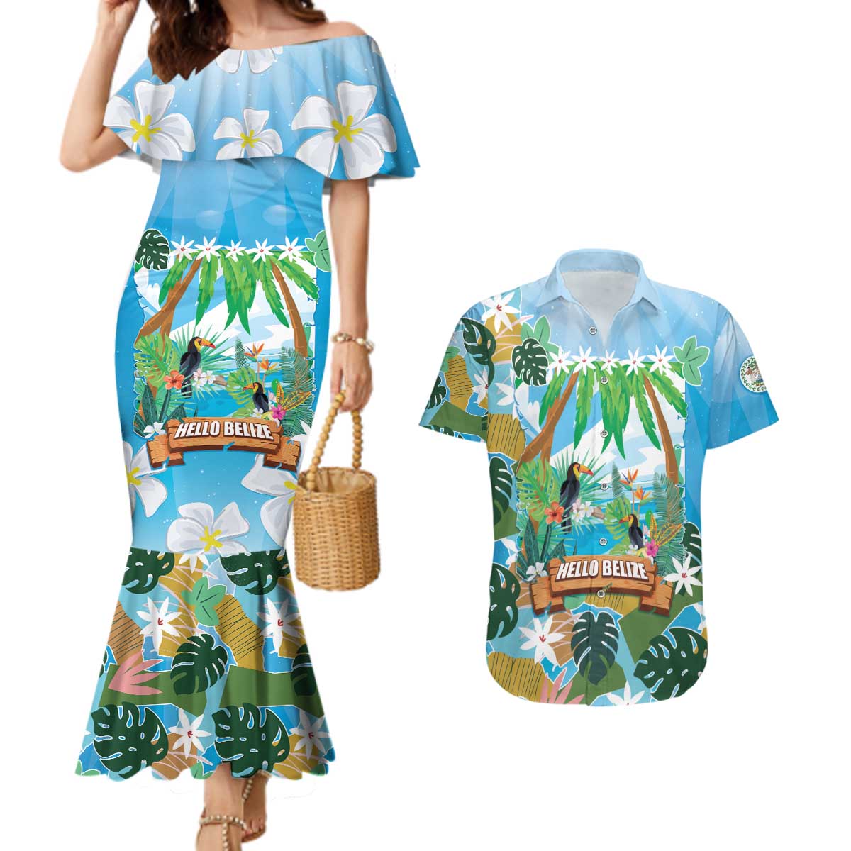 Toucan Belize Couples Matching Mermaid Dress and Hawaiian Shirt Tropical Vibes DT05