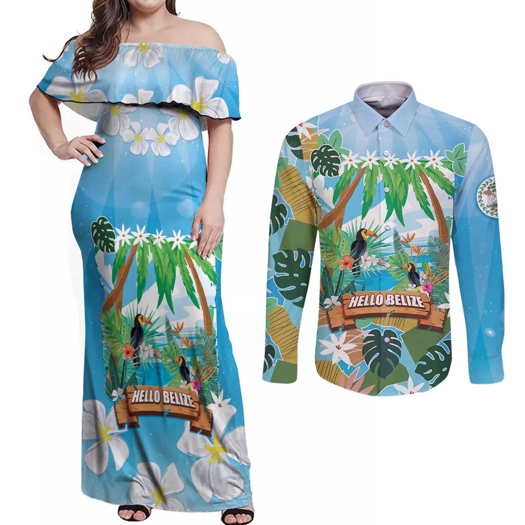Toucan Belize Couples Matching Off Shoulder Maxi Dress and Long Sleeve Button Shirt Tropical Vibes DT05