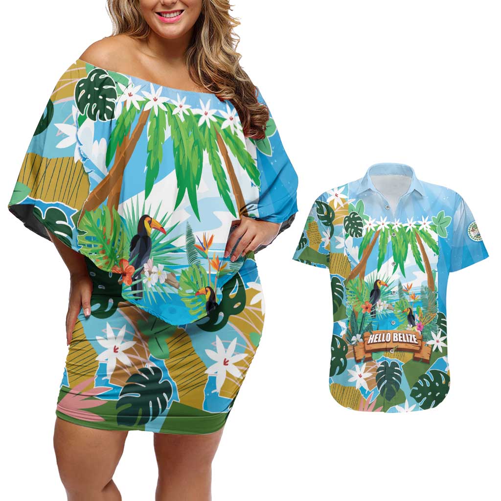 Toucan Belize Couples Matching Off Shoulder Short Dress and Hawaiian Shirt Tropical Vibes DT05
