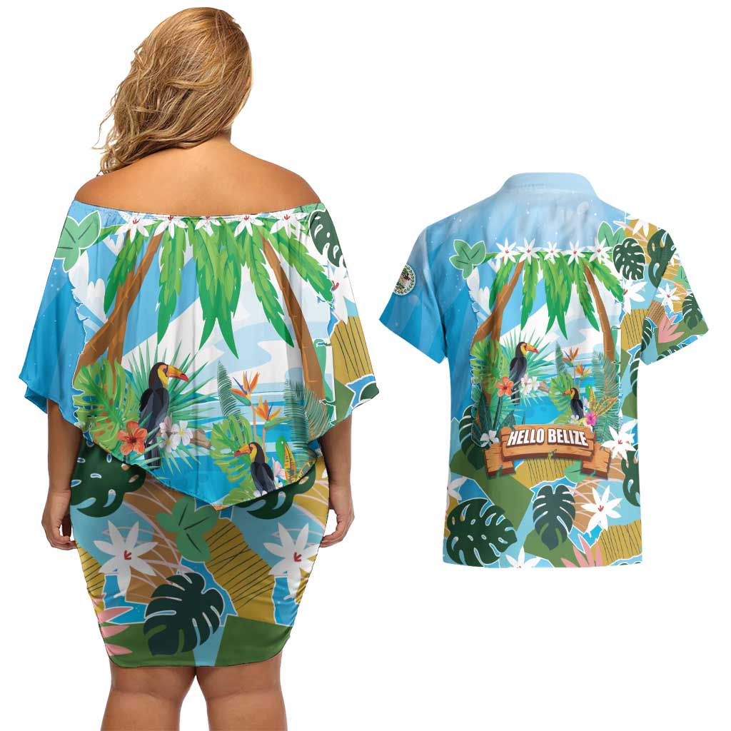 Toucan Belize Couples Matching Off Shoulder Short Dress and Hawaiian Shirt Tropical Vibes DT05