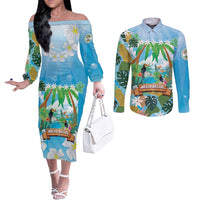 Toucan Belize Couples Matching Off The Shoulder Long Sleeve Dress and Long Sleeve Button Shirt Tropical Vibes DT05