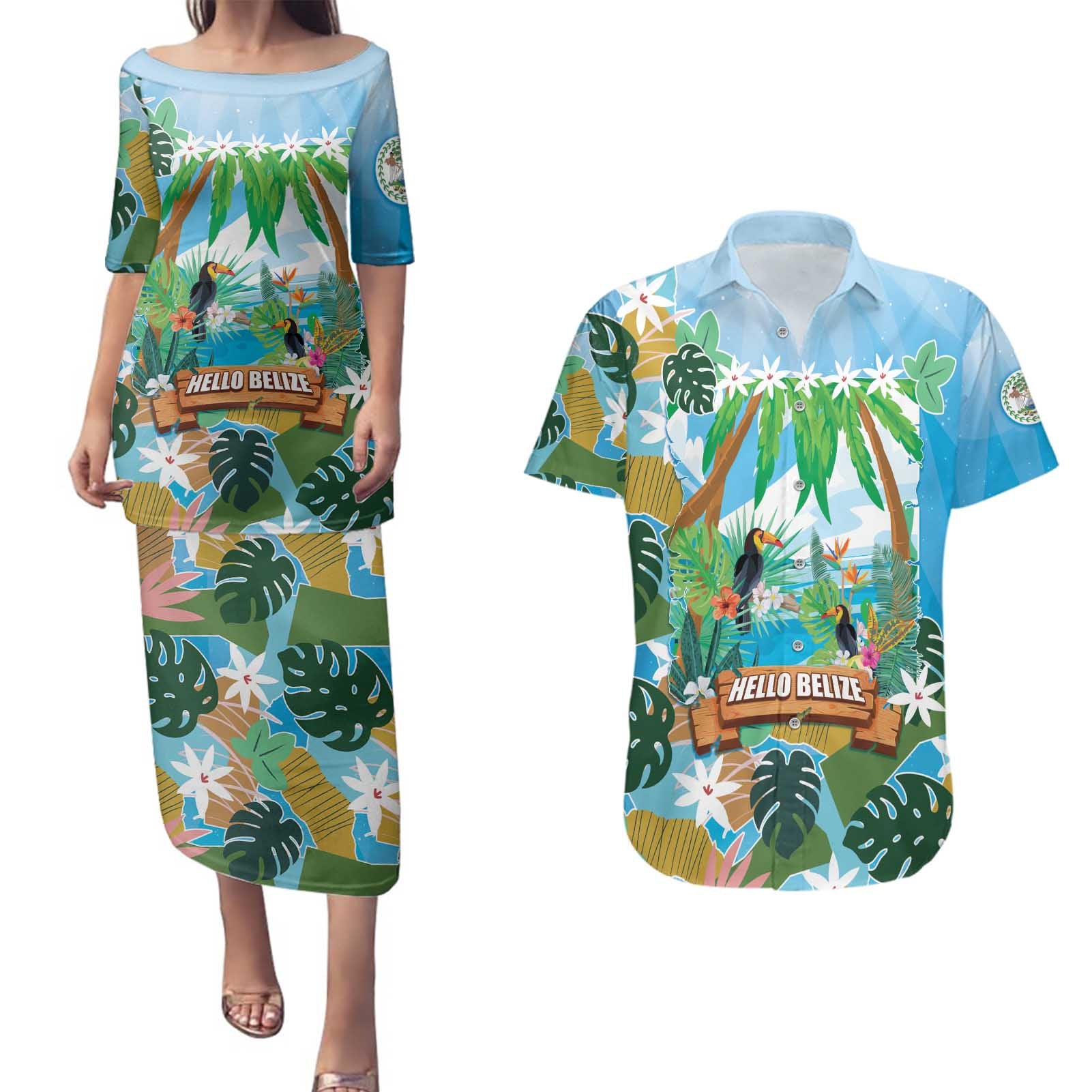 Toucan Belize Couples Matching Puletasi and Hawaiian Shirt Tropical Vibes DT05