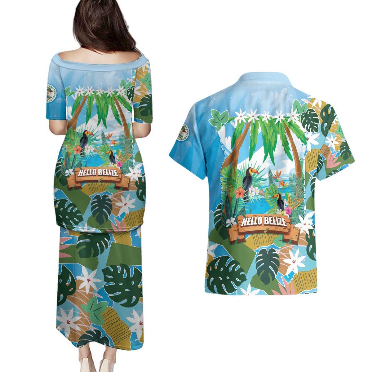 Toucan Belize Couples Matching Puletasi and Hawaiian Shirt Tropical Vibes DT05