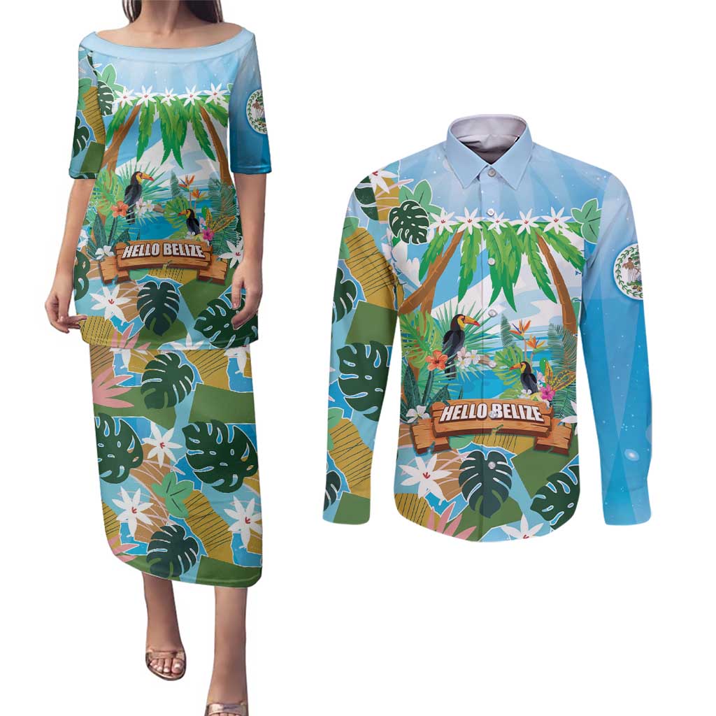 Toucan Belize Couples Matching Puletasi and Long Sleeve Button Shirt Tropical Vibes DT05