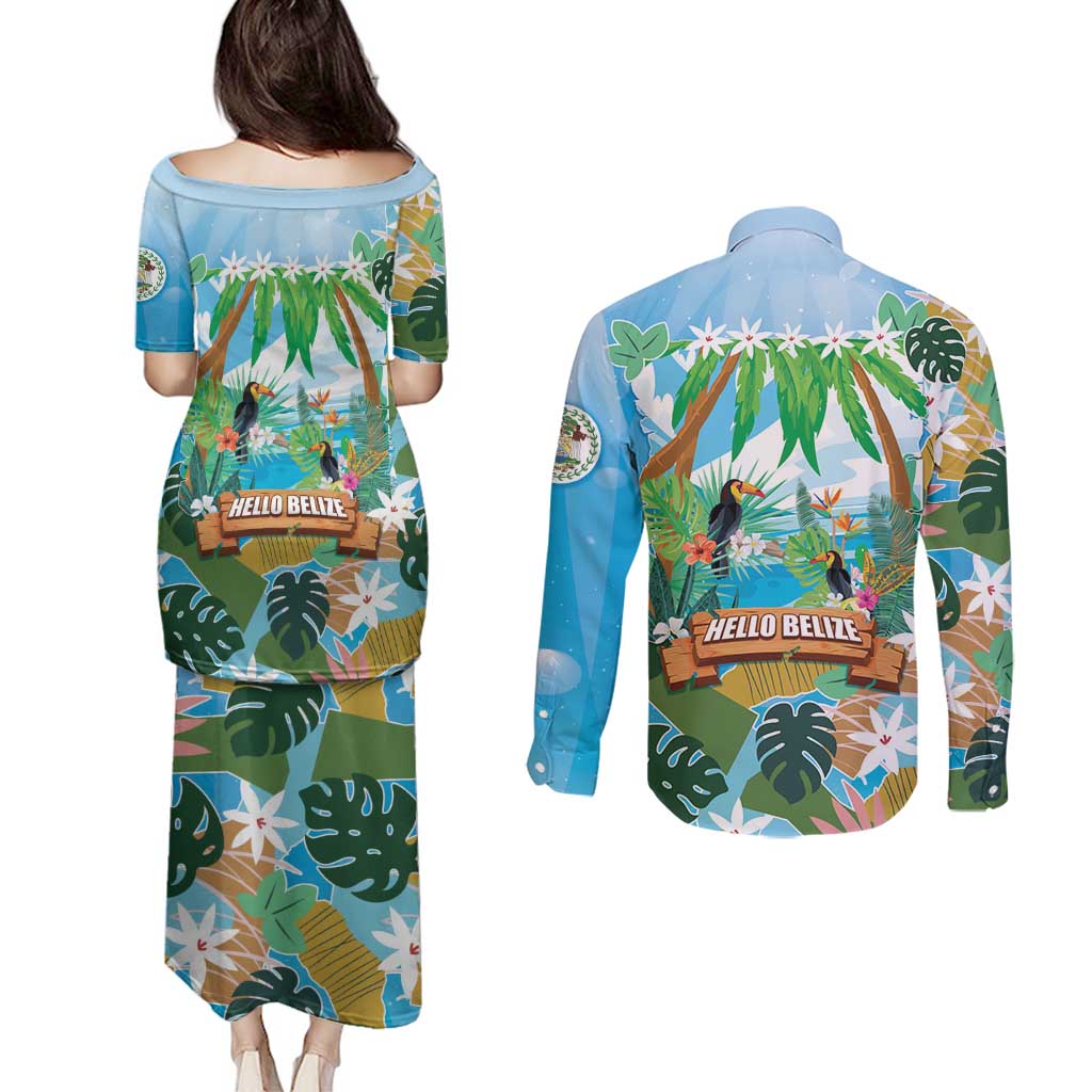 Toucan Belize Couples Matching Puletasi and Long Sleeve Button Shirt Tropical Vibes DT05