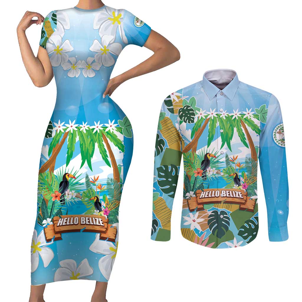 Toucan Belize Couples Matching Short Sleeve Bodycon Dress and Long Sleeve Button Shirt Tropical Vibes DT05
