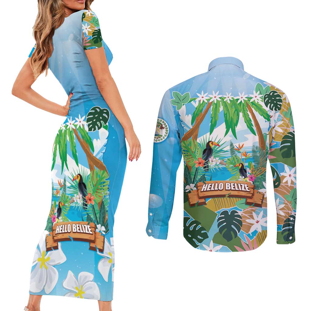 Toucan Belize Couples Matching Short Sleeve Bodycon Dress and Long Sleeve Button Shirt Tropical Vibes DT05
