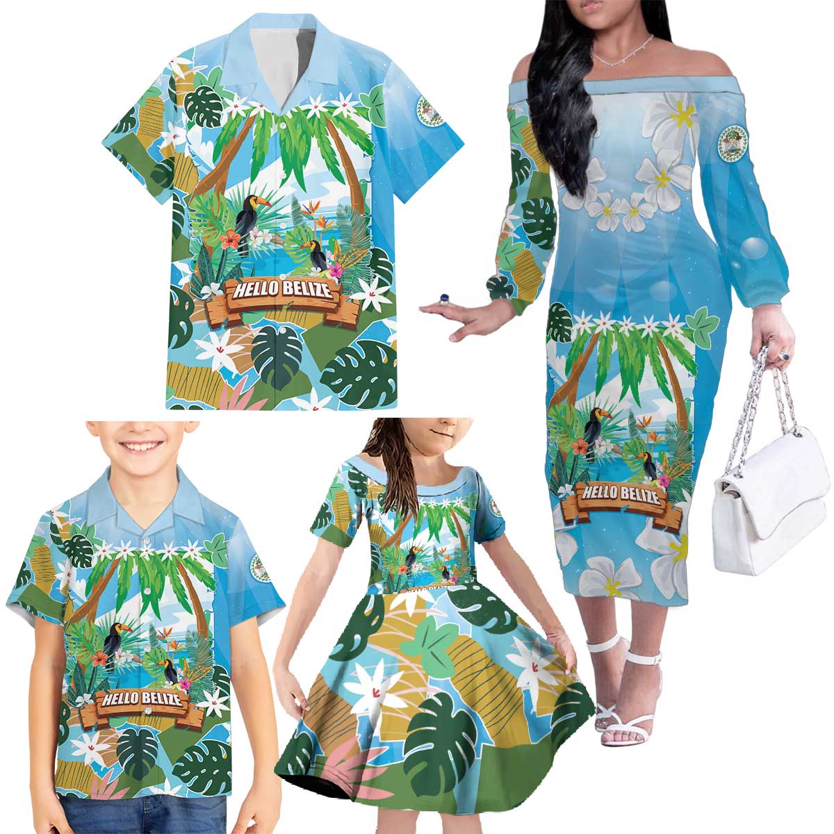 Toucan Belize Family Matching Off The Shoulder Long Sleeve Dress and Hawaiian Shirt Tropical Vibes DT05