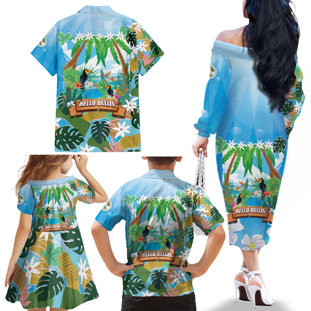 Toucan Belize Family Matching Off The Shoulder Long Sleeve Dress and Hawaiian Shirt Tropical Vibes DT05