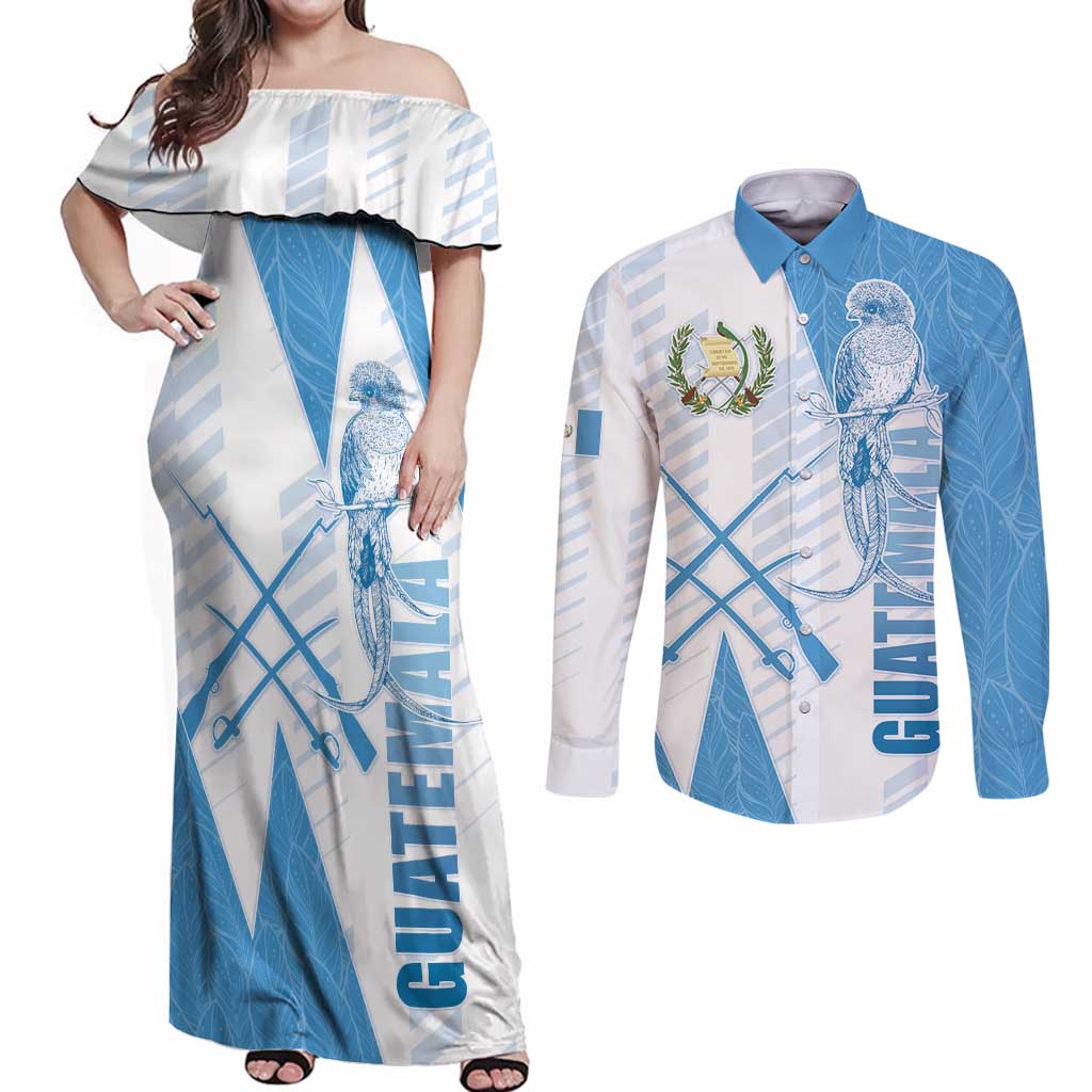 Guatemala Couples Matching Off Shoulder Maxi Dress and Long Sleeve Button Shirt Quetzal Bird Guatemalan Soul DT05