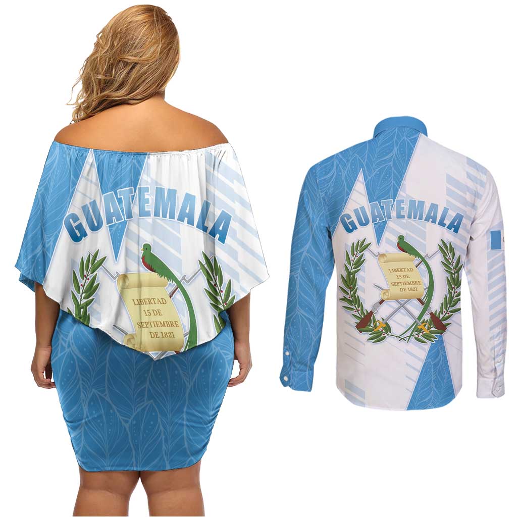 Guatemala Couples Matching Off Shoulder Short Dress and Long Sleeve Button Shirt Quetzal Bird Guatemalan Soul DT05