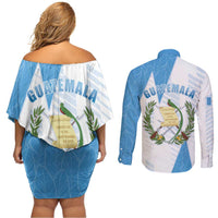 Guatemala Couples Matching Off Shoulder Short Dress and Long Sleeve Button Shirt Quetzal Bird Guatemalan Soul DT05