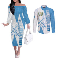 Guatemala Couples Matching Off The Shoulder Long Sleeve Dress and Long Sleeve Button Shirt Quetzal Bird Guatemalan Soul DT05