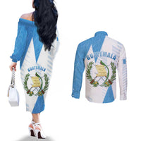 Guatemala Couples Matching Off The Shoulder Long Sleeve Dress and Long Sleeve Button Shirt Quetzal Bird Guatemalan Soul DT05