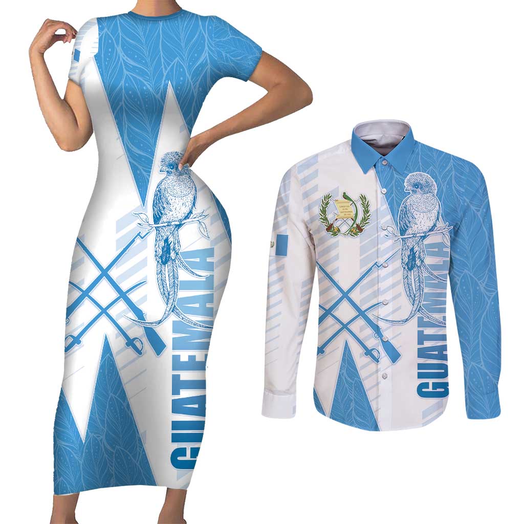 Guatemala Couples Matching Short Sleeve Bodycon Dress and Long Sleeve Button Shirt Quetzal Bird Guatemalan Soul DT05