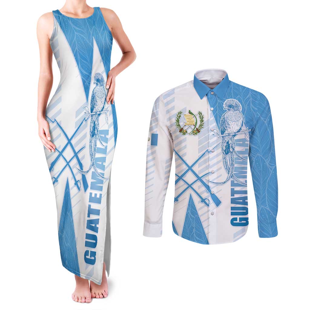 Guatemala Couples Matching Tank Maxi Dress and Long Sleeve Button Shirt Quetzal Bird Guatemalan Soul DT05