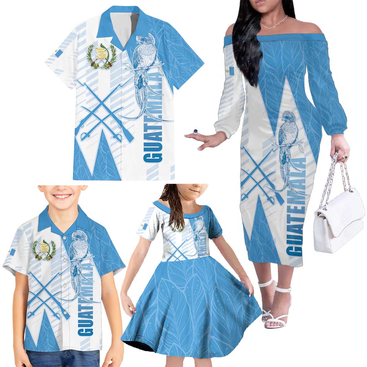 Guatemala Family Matching Off The Shoulder Long Sleeve Dress and Hawaiian Shirt Quetzal Bird Guatemalan Soul DT05