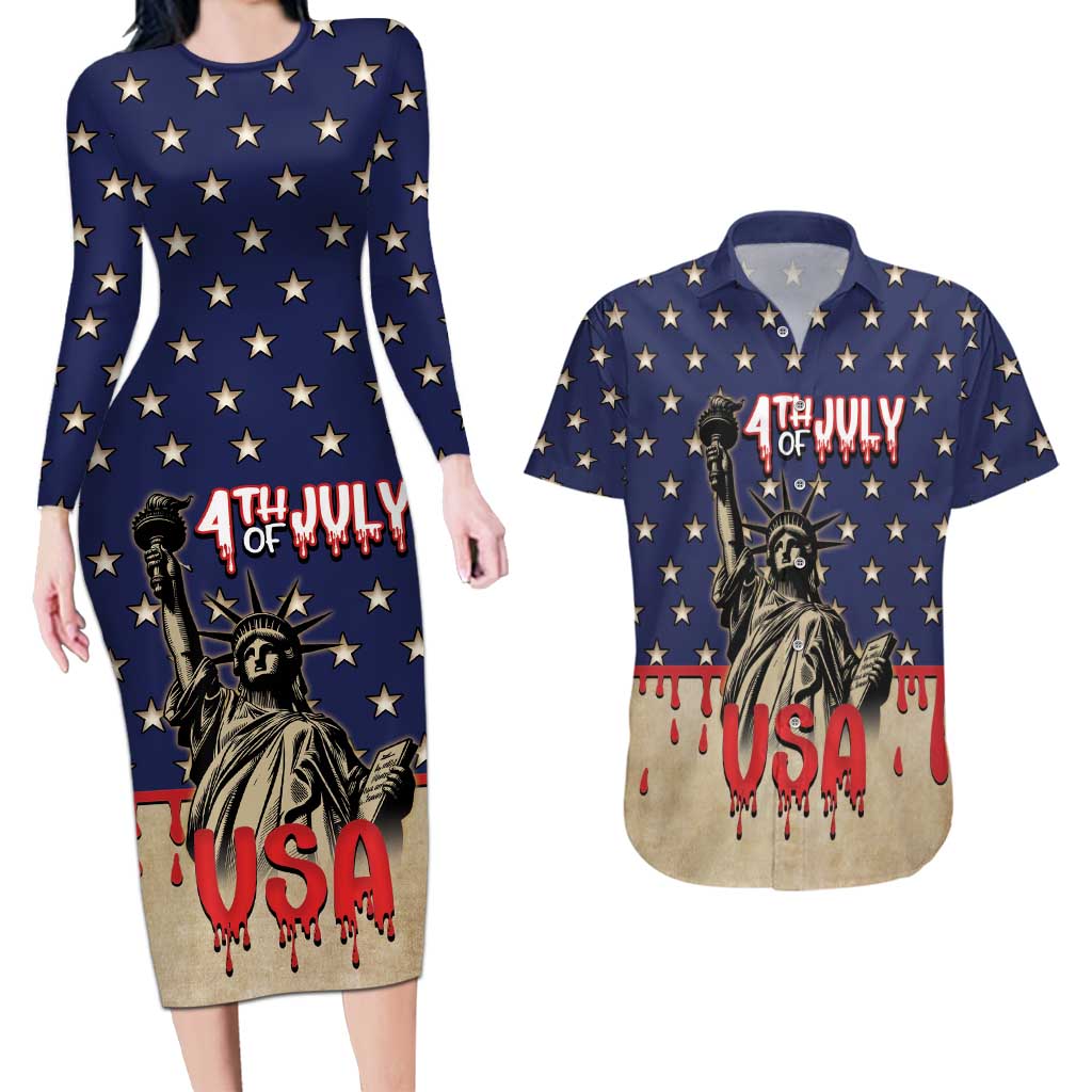 Personalized USA 4th Of July Couples Matching Long Sleeve Bodycon Dress and Hawaiian Shirt We The People - Wonder Print Shop
