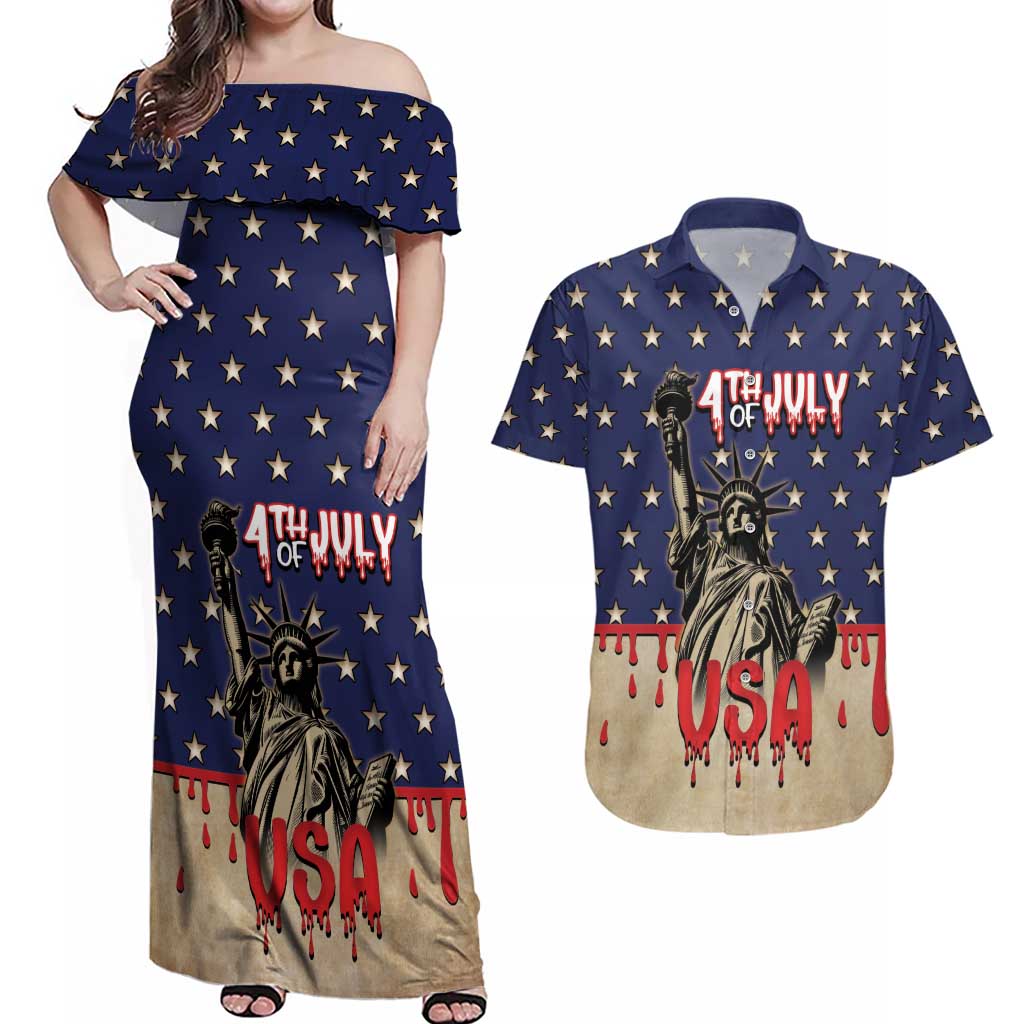 Personalized USA 4th Of July Couples Matching Off Shoulder Maxi Dress and Hawaiian Shirt We The People - Wonder Print Shop