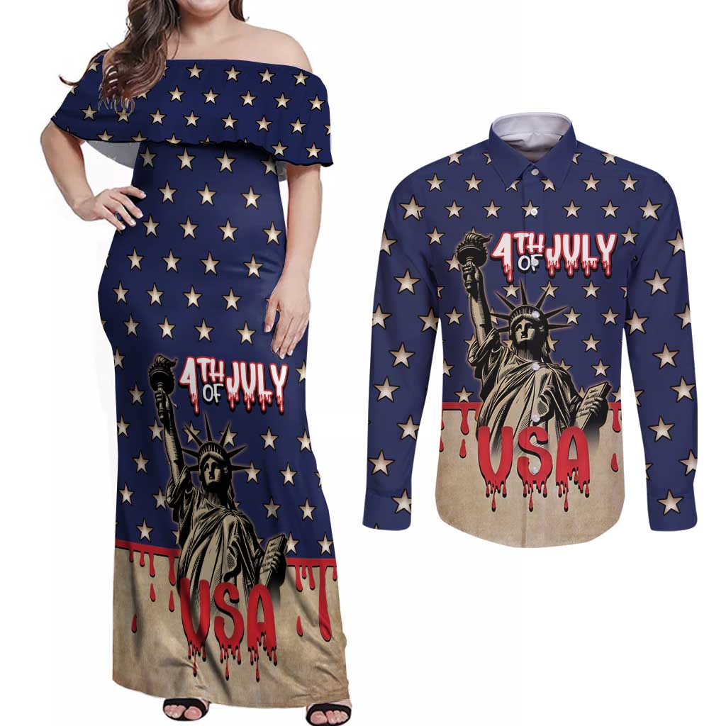 Personalized USA 4th Of July Couples Matching Off Shoulder Maxi Dress and Long Sleeve Button Shirt We The People - Wonder Print Shop