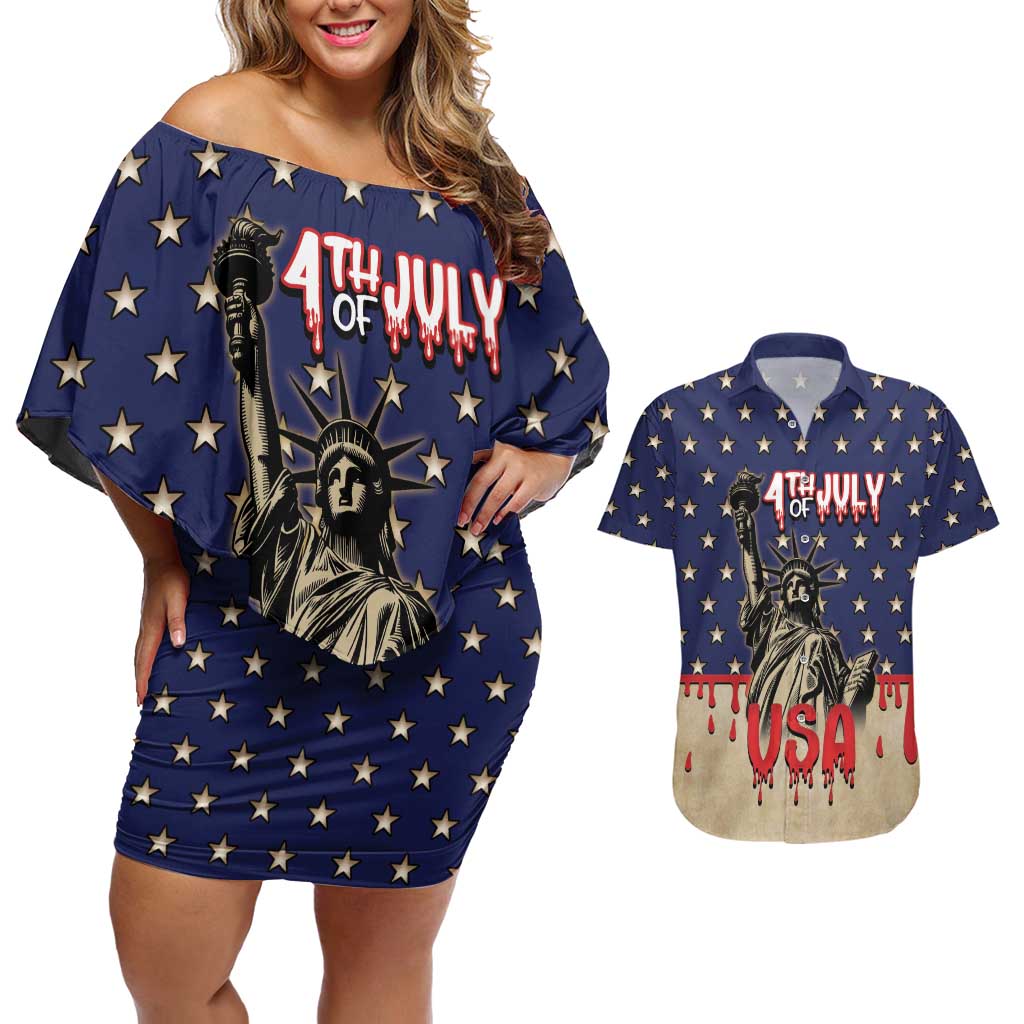 Personalized USA 4th Of July Couples Matching Off Shoulder Short Dress and Hawaiian Shirt We The People - Wonder Print Shop
