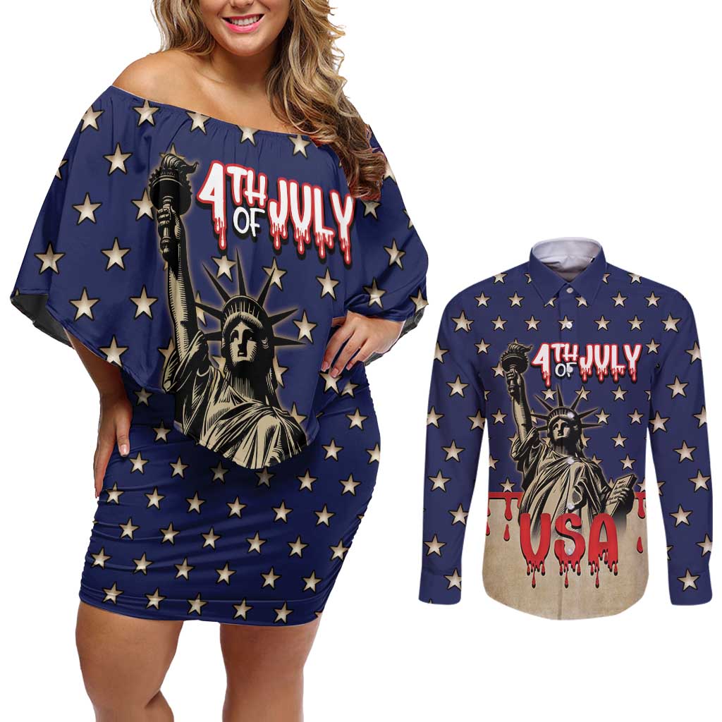 Personalized USA 4th Of July Couples Matching Off Shoulder Short Dress and Long Sleeve Button Shirt We The People - Wonder Print Shop