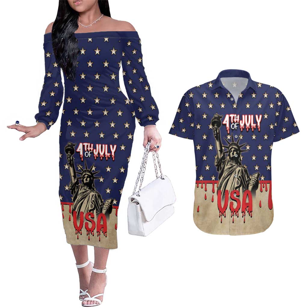 Personalized USA 4th Of July Couples Matching Off The Shoulder Long Sleeve Dress and Hawaiian Shirt We The People - Wonder Print Shop