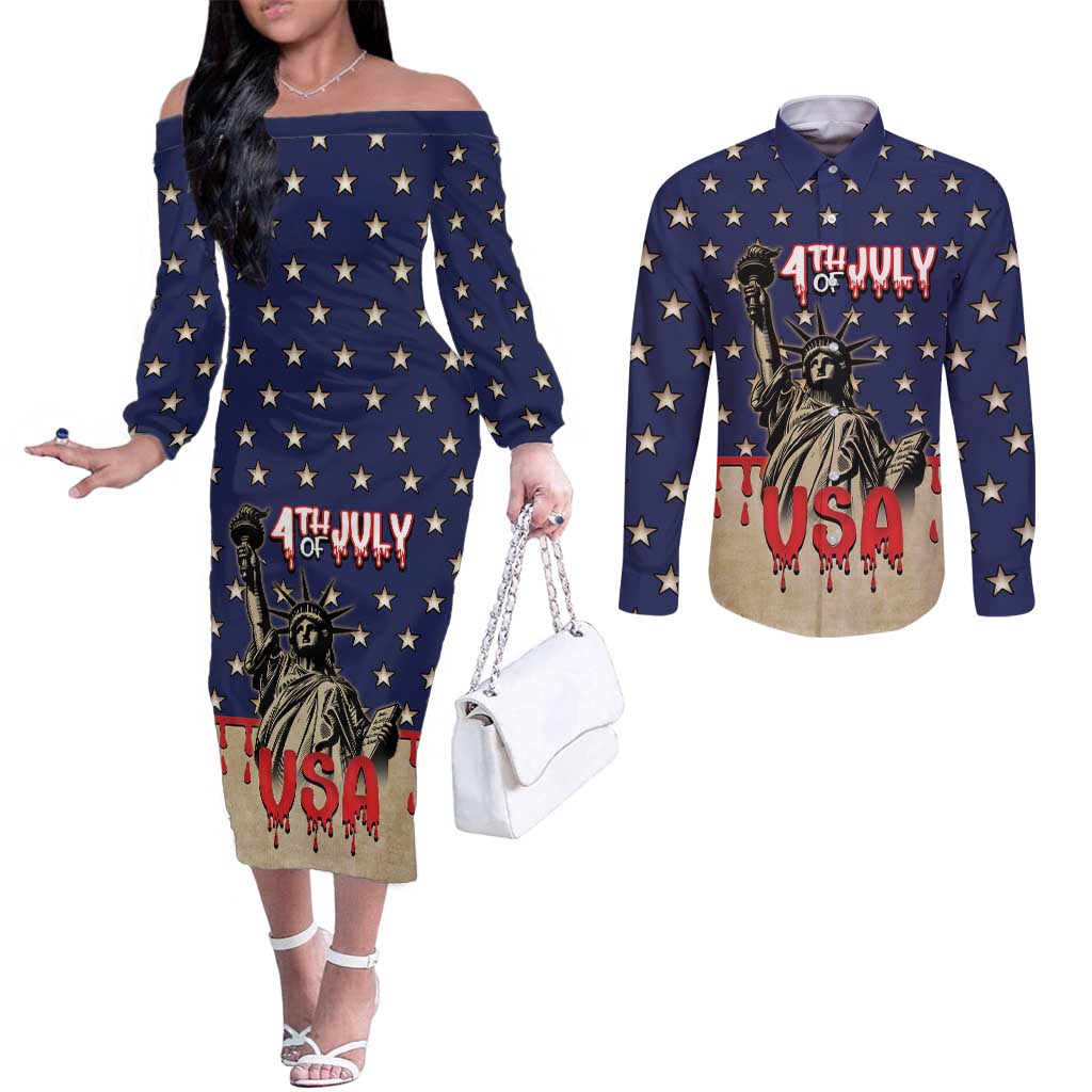 Personalized USA 4th Of July Couples Matching Off The Shoulder Long Sleeve Dress and Long Sleeve Button Shirt We The People - Wonder Print Shop