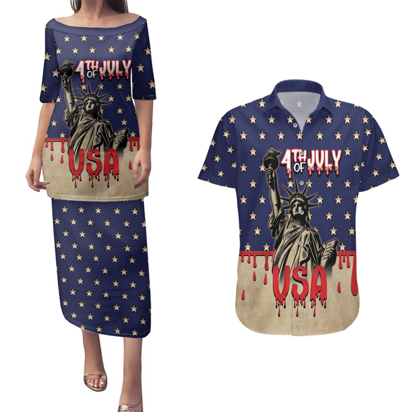 Personalized USA 4th Of July Couples Matching Puletasi and Hawaiian Shirt We The People - Wonder Print Shop