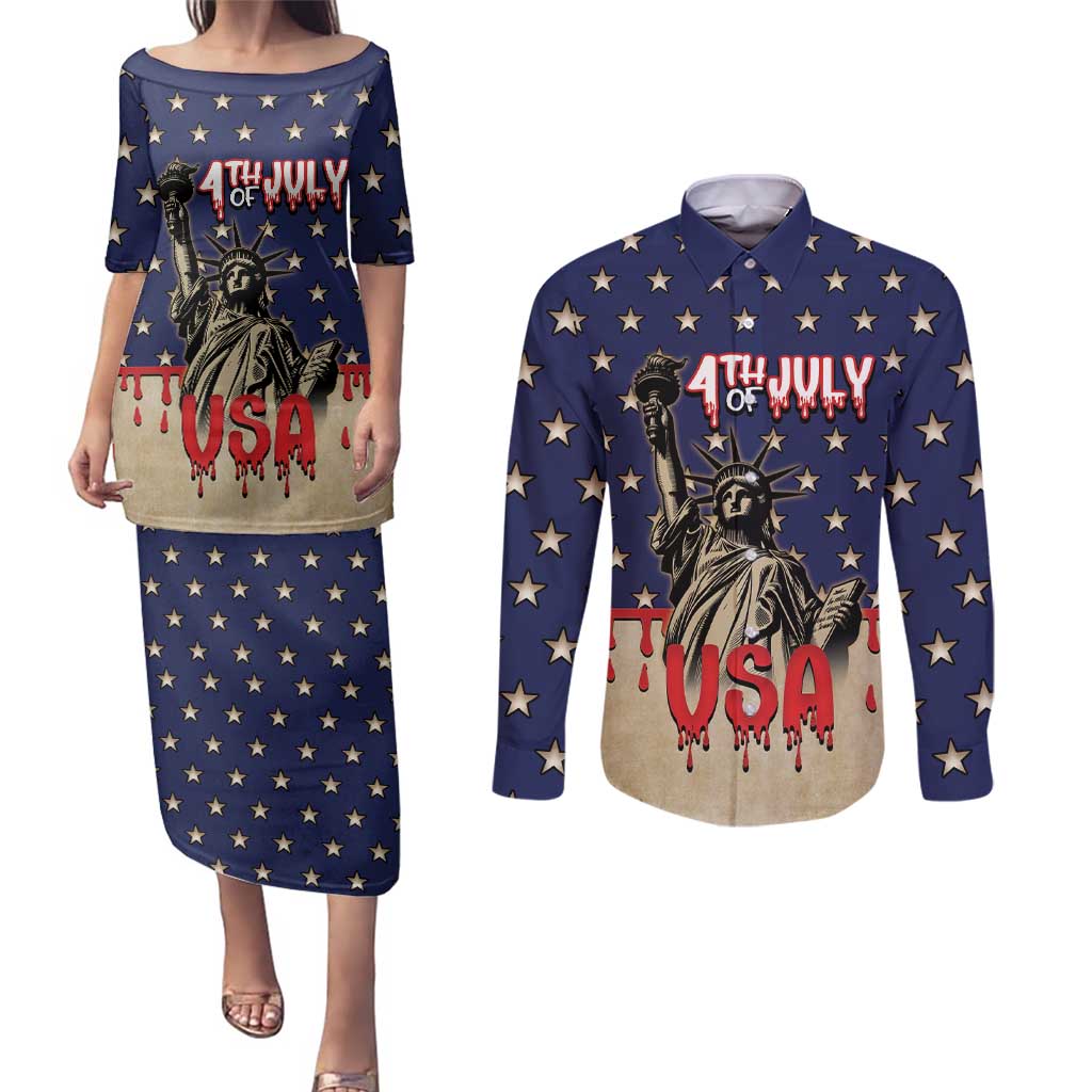 Personalized USA 4th Of July Couples Matching Puletasi and Long Sleeve Button Shirt We The People - Wonder Print Shop