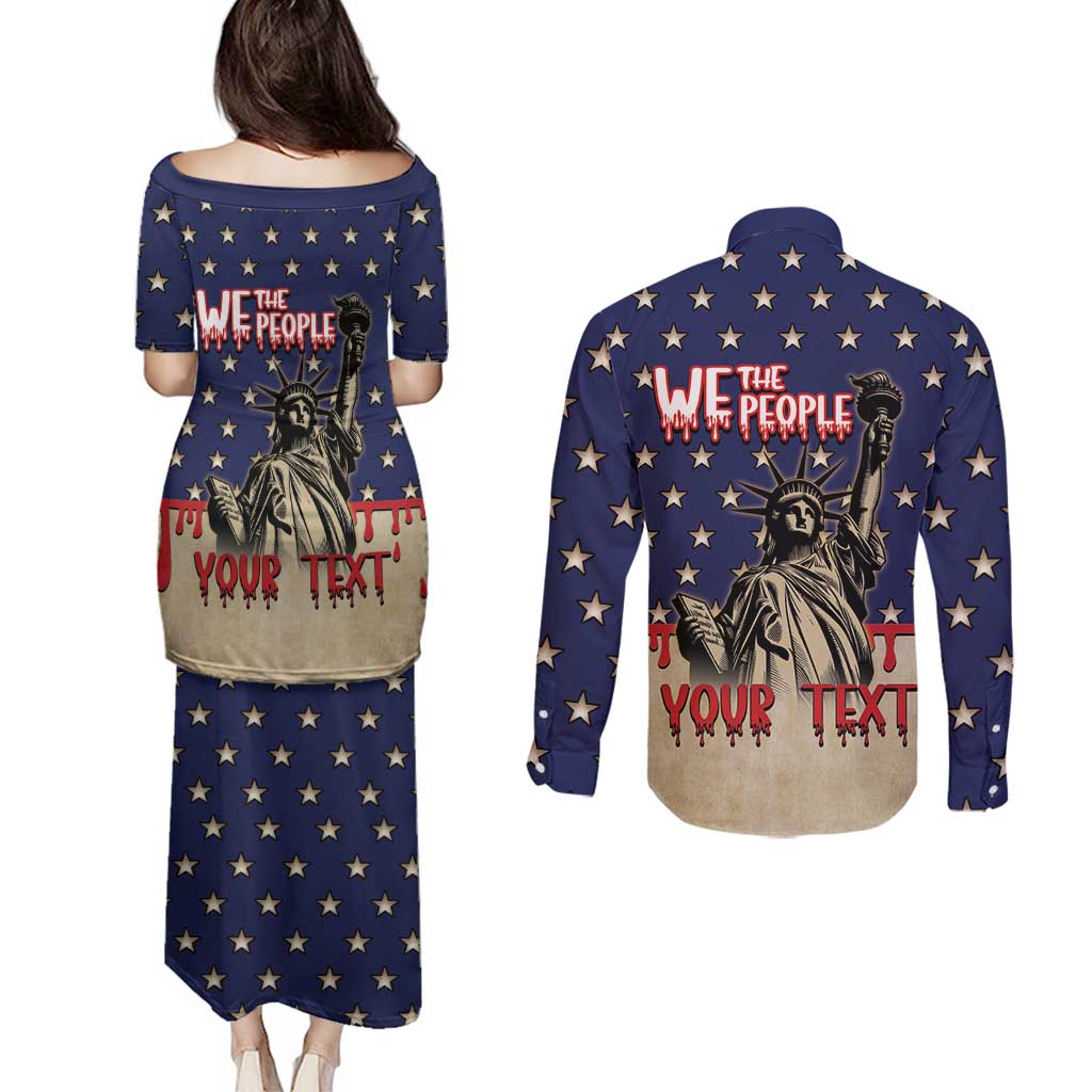 Personalized USA 4th Of July Couples Matching Puletasi and Long Sleeve Button Shirt We The People - Wonder Print Shop