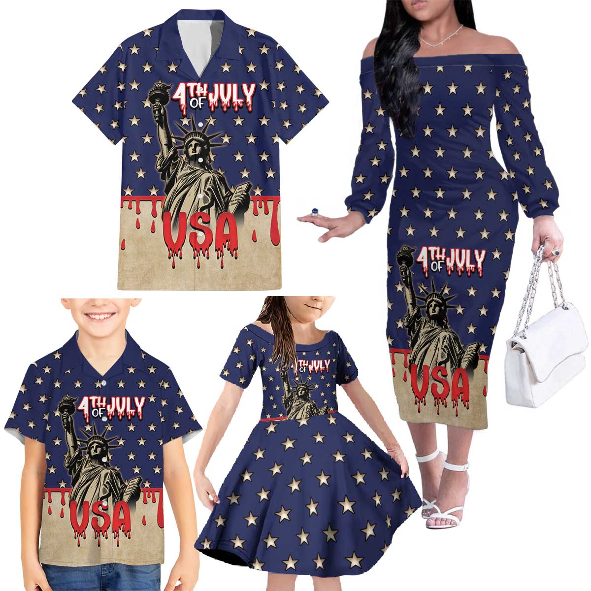Personalized USA 4th Of July Family Matching Off The Shoulder Long Sleeve Dress and Hawaiian Shirt We The People - Wonder Print Shop