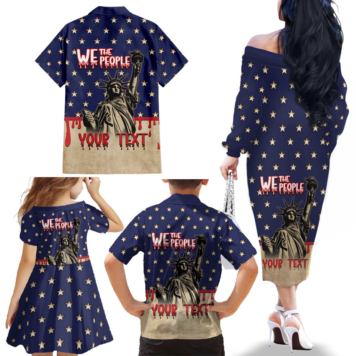 Personalized USA 4th Of July Family Matching Off The Shoulder Long Sleeve Dress and Hawaiian Shirt We The People - Wonder Print Shop