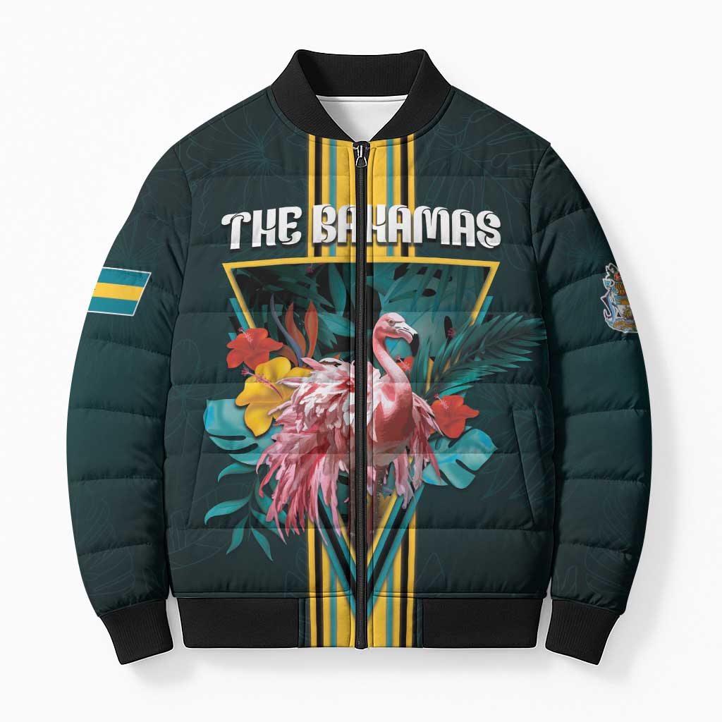 Personalized The Bahamas Bomber Puffer Jacket The Flamingo Tropical Flowers - Wonder Print Shop