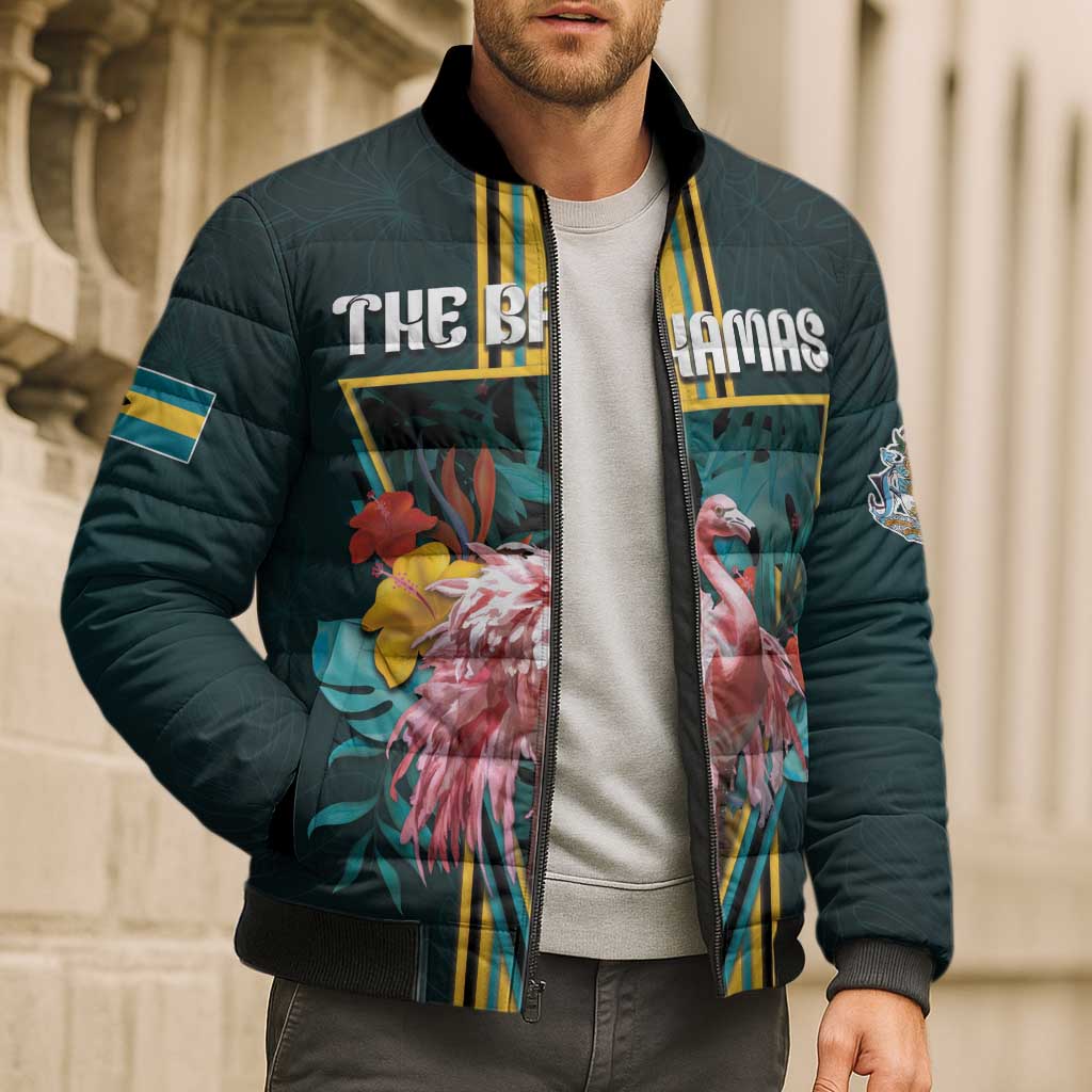 Personalized The Bahamas Bomber Puffer Jacket The Flamingo Tropical Flowers - Wonder Print Shop