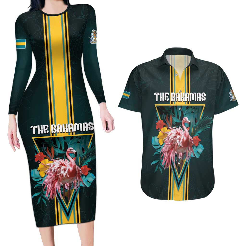 Personalized The Bahamas Couples Matching Long Sleeve Bodycon Dress and Hawaiian Shirt The Flamingo Tropical Flowers - Wonder Print Shop
