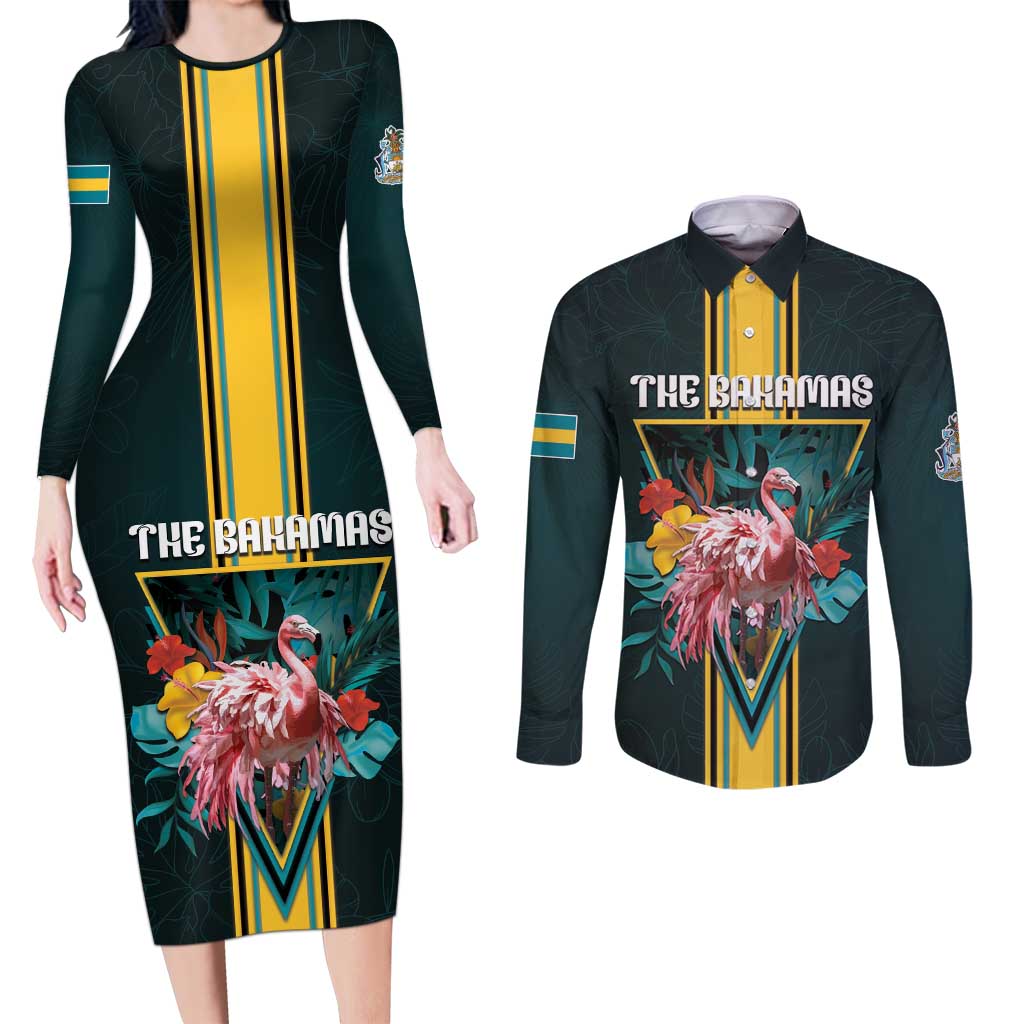 Personalized The Bahamas Couples Matching Long Sleeve Bodycon Dress and Long Sleeve Button Shirt The Flamingo Tropical Flowers - Wonder Print Shop