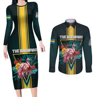 Personalized The Bahamas Couples Matching Long Sleeve Bodycon Dress and Long Sleeve Button Shirt The Flamingo Tropical Flowers - Wonder Print Shop