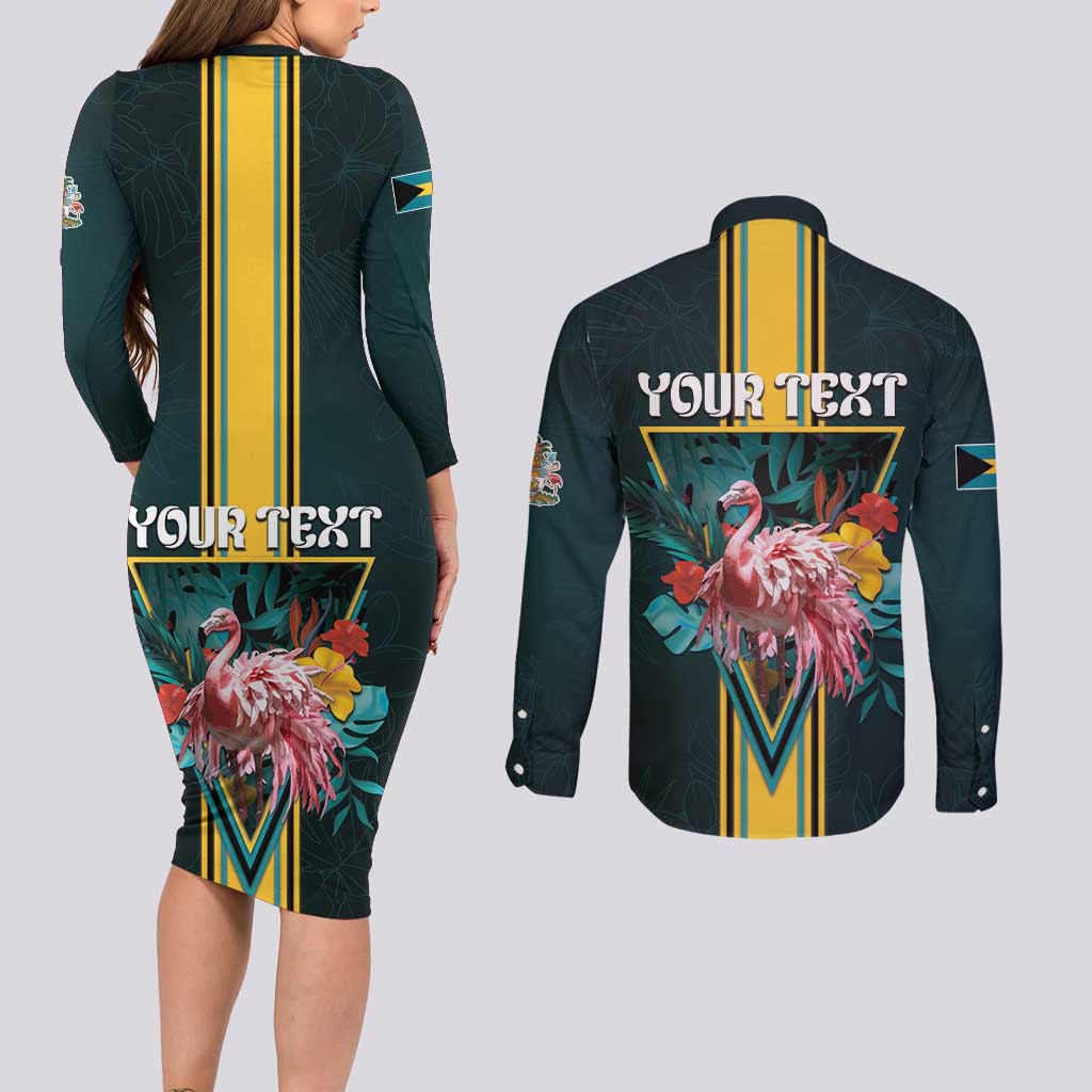 Personalized The Bahamas Couples Matching Long Sleeve Bodycon Dress and Long Sleeve Button Shirt The Flamingo Tropical Flowers - Wonder Print Shop