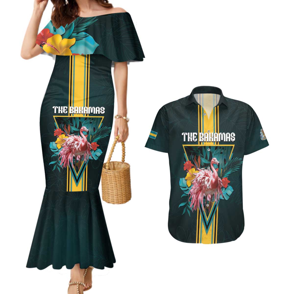 Personalized The Bahamas Couples Matching Mermaid Dress and Hawaiian Shirt The Flamingo Tropical Flowers - Wonder Print Shop