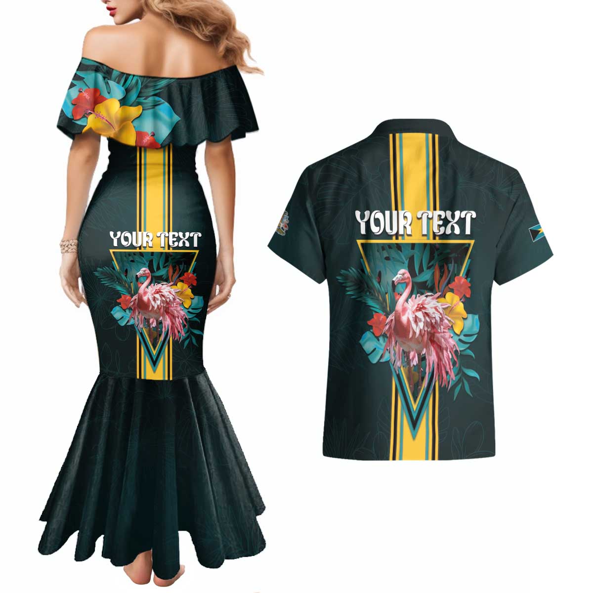 Personalized The Bahamas Couples Matching Mermaid Dress and Hawaiian Shirt The Flamingo Tropical Flowers - Wonder Print Shop
