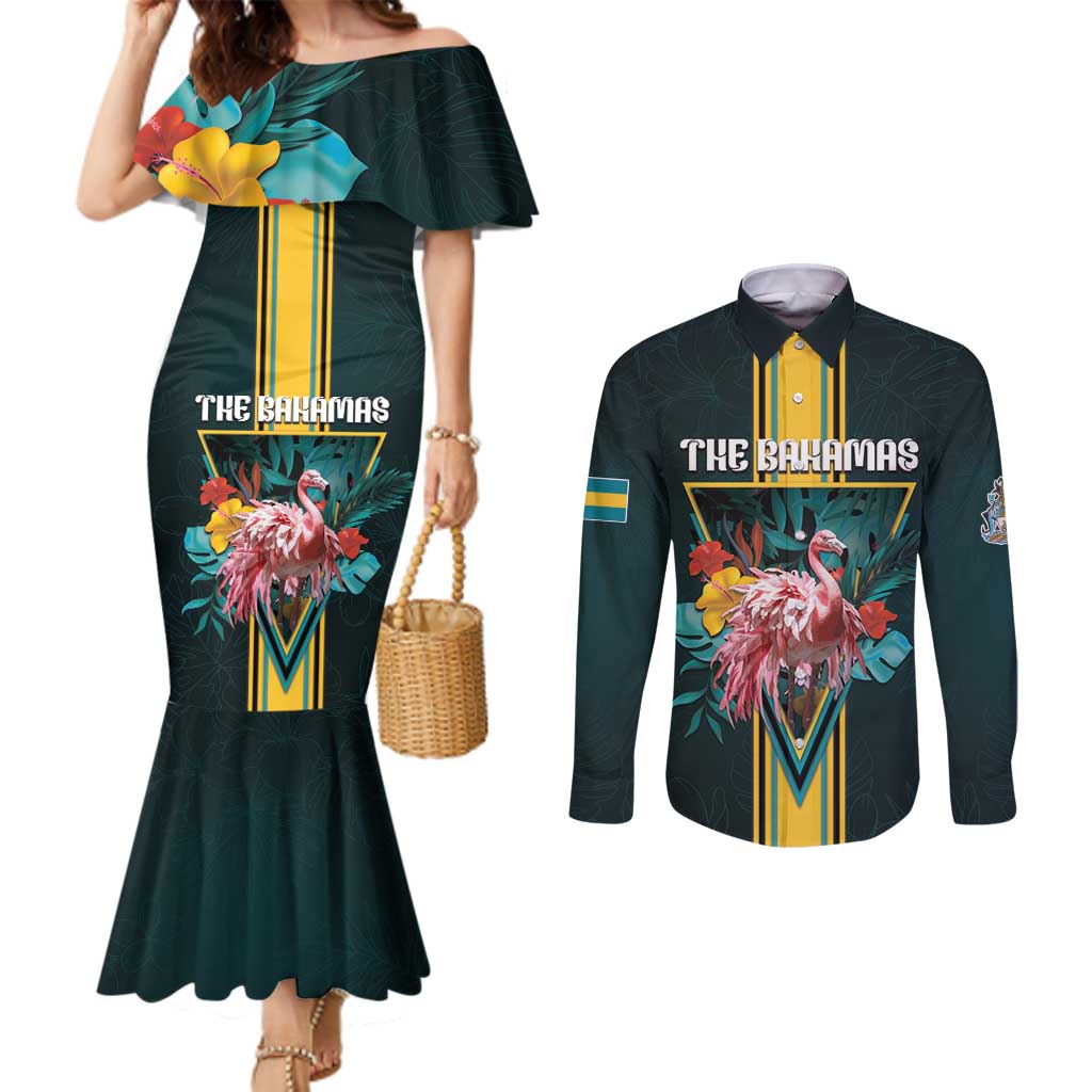 Personalized The Bahamas Couples Matching Mermaid Dress and Long Sleeve Button Shirt The Flamingo Tropical Flowers - Wonder Print Shop
