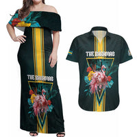 Personalized The Bahamas Couples Matching Off Shoulder Maxi Dress and Hawaiian Shirt The Flamingo Tropical Flowers - Wonder Print Shop