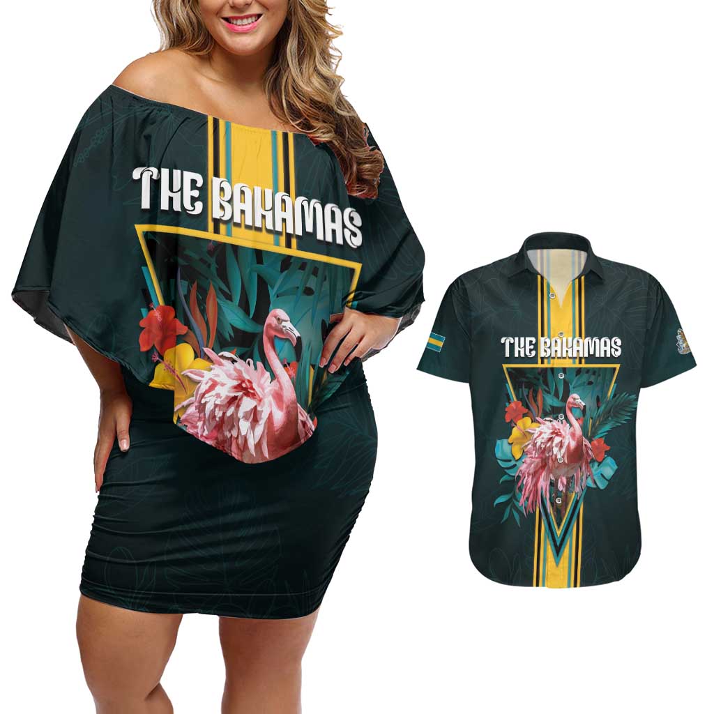 Personalized The Bahamas Couples Matching Off Shoulder Short Dress and Hawaiian Shirt The Flamingo Tropical Flowers - Wonder Print Shop
