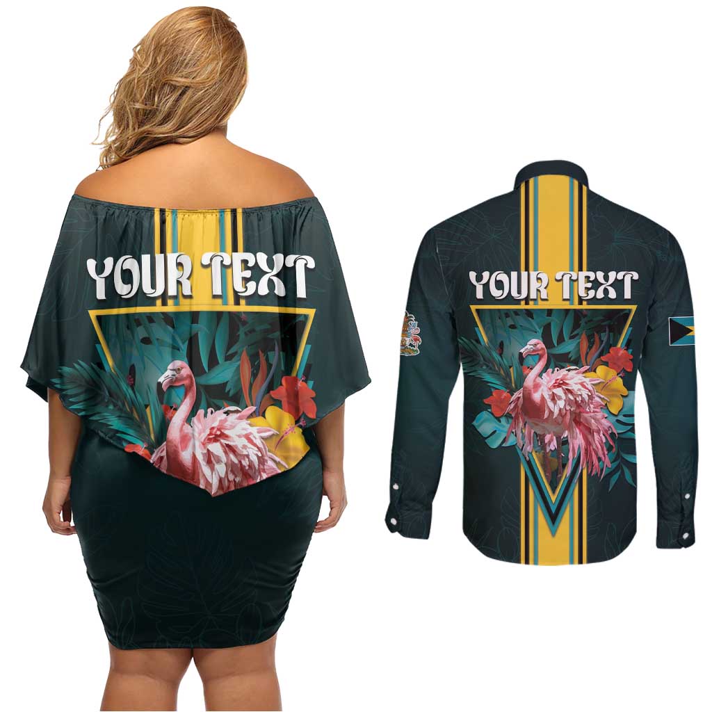 Personalized The Bahamas Couples Matching Off Shoulder Short Dress and Long Sleeve Button Shirt The Flamingo Tropical Flowers - Wonder Print Shop