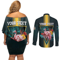Personalized The Bahamas Couples Matching Off Shoulder Short Dress and Long Sleeve Button Shirt The Flamingo Tropical Flowers - Wonder Print Shop