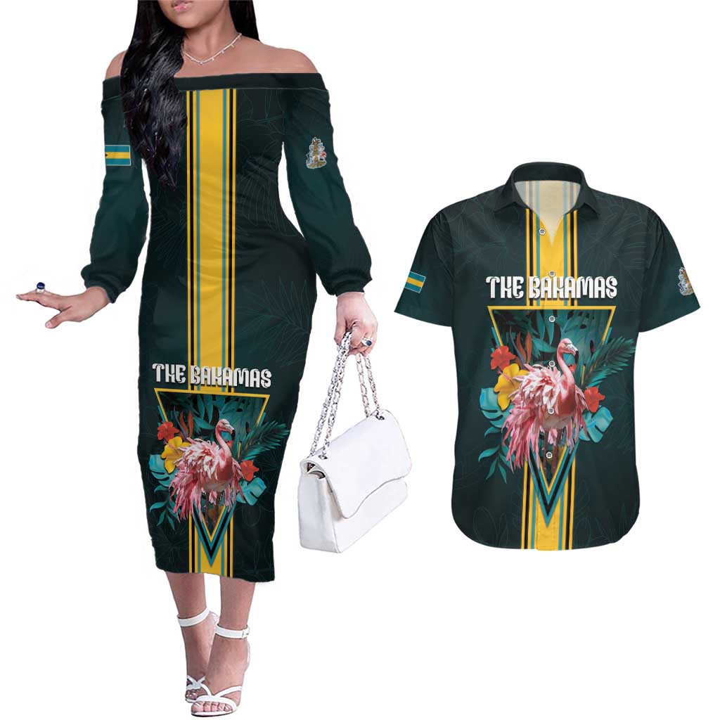 Personalized The Bahamas Couples Matching Off The Shoulder Long Sleeve Dress and Hawaiian Shirt The Flamingo Tropical Flowers - Wonder Print Shop