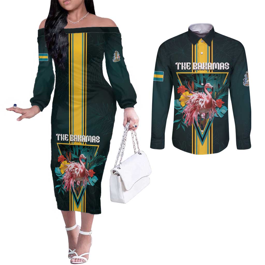Personalized The Bahamas Couples Matching Off The Shoulder Long Sleeve Dress and Long Sleeve Button Shirt The Flamingo Tropical Flowers - Wonder Print Shop